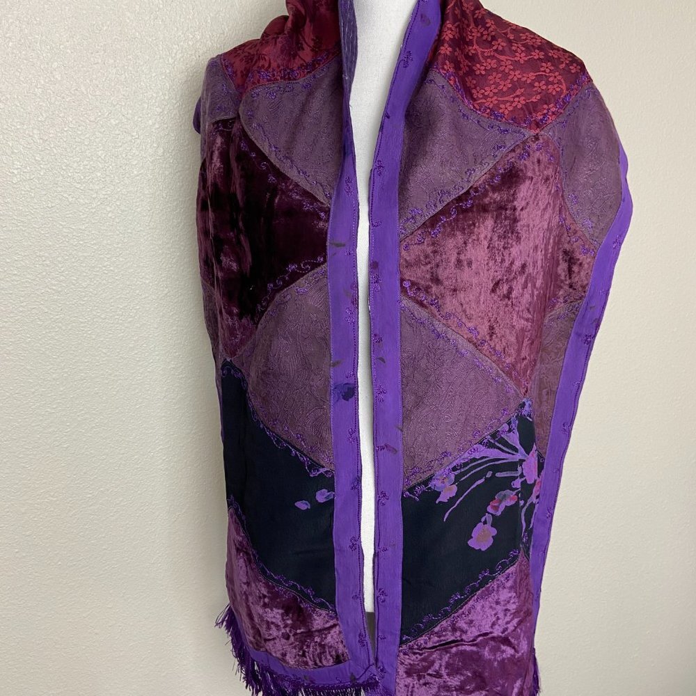 Vintage Patchwork Scarf Reversible 100% Rayon Fri… - image 1